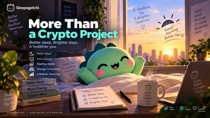 A promotional graphic for 'Sleepagotchi' featuring a cute green character with text 'More Than a Crypto Project' and 'Better sleep. Brighter days. A healthier you.'