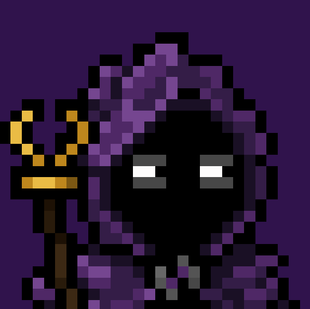 Pixel art of a hooded grim reaper figure in a purple robe holding a golden staff, featuring glowing white eyes against a dark purple background.