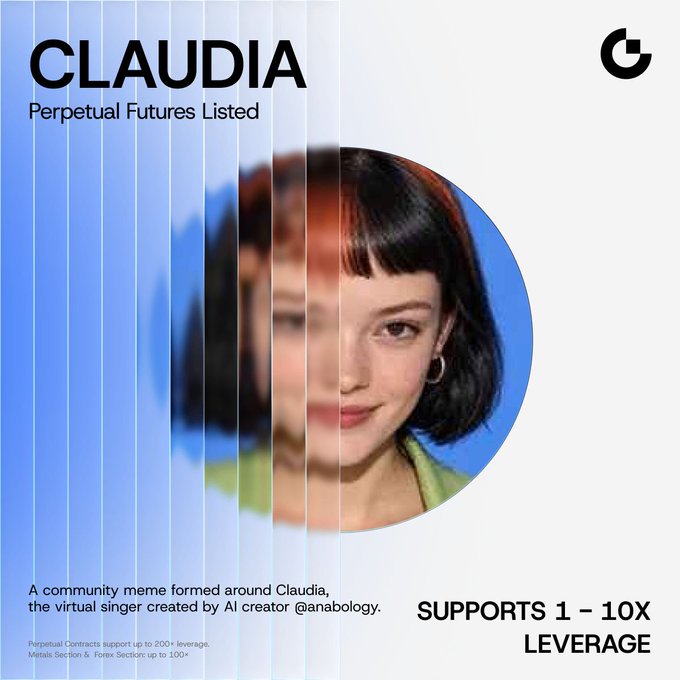 A Gate.io promotional graphic announcing the listing of the $CLAUDIA perpetual futures contract, featuring a stylized circular portrait of the AI virtual singer with text highlighting "Perpetual Futures Listed," supports 1–10x leverage, and noting up to 200x leverage for Perpetual Contracts and 100x for Metals and Forex Sections, directly corresponding to the post's announcement of the new meme token trading pair against USDT.