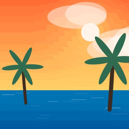 The image features a cartoon-style illustration of two palm trees with green leaves against an orange sky, possibly depicting a sunset or sunrise. The background shows water and clouds, adding depth to the scene. The caption below the image reads "GM & Happy Wednesday Is it Summer already? Sharing one of my Summer-inspired generative artworks, now available on objkt.com/tokens/KT1CfYV".