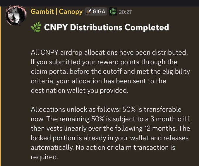 Discord announcement from 'Gambit | Canopy' titled 'CNPY Distributions Completed' explaining that CNPY airdrop allocations have been distributed with vesting terms of 50% transferable now and 50% vested over 3-15 months.