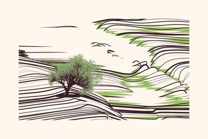 A stylized illustration of a single green tree standing on rolling, abstract hills with flowing black and green linework, accompanied by small birds flying in the distance.