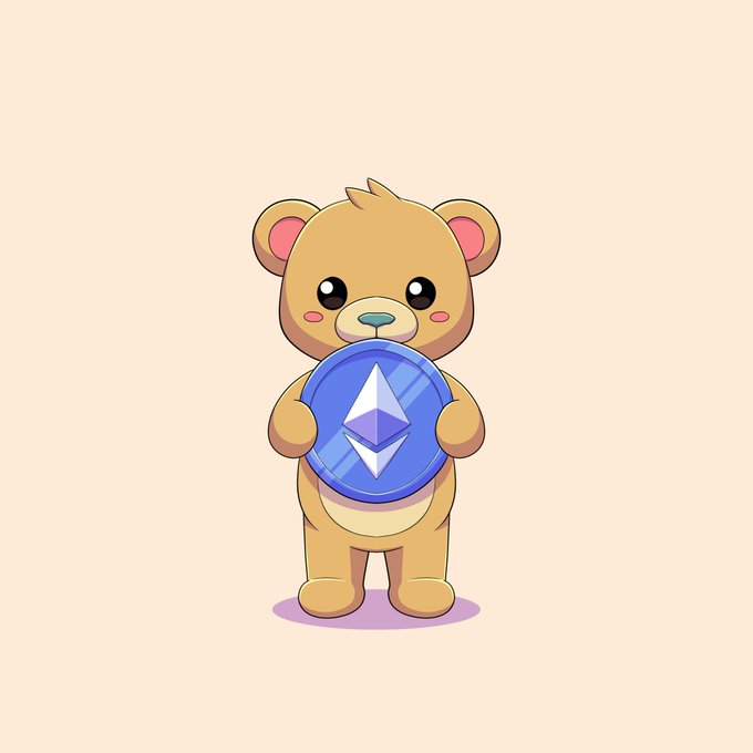 A cartoon illustration of a cute brown bear holding a blue Ethereum (ETH) coin against a beige background.