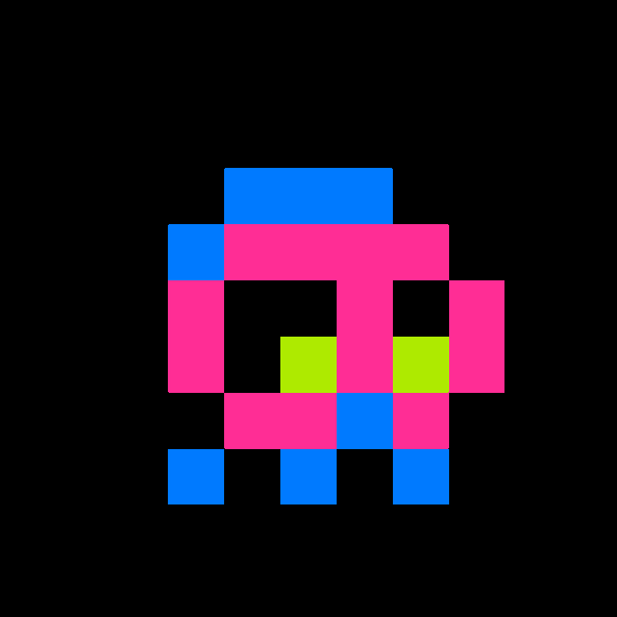 A pixel art character with a pink, blue, and green color scheme against a black background, resembling a retro video game sprite.