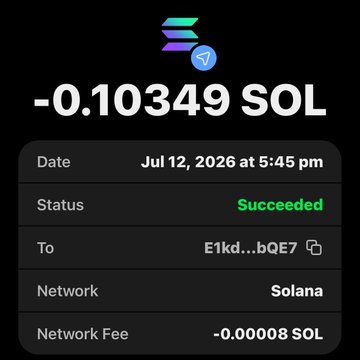 This image shows a transaction of -0.10349 SOL on the Solana network, which was "Succeeded" on Jul 12, 2026. It illustrates the "money" sent in the accompanying post, which is offering SOL tokens to winners.