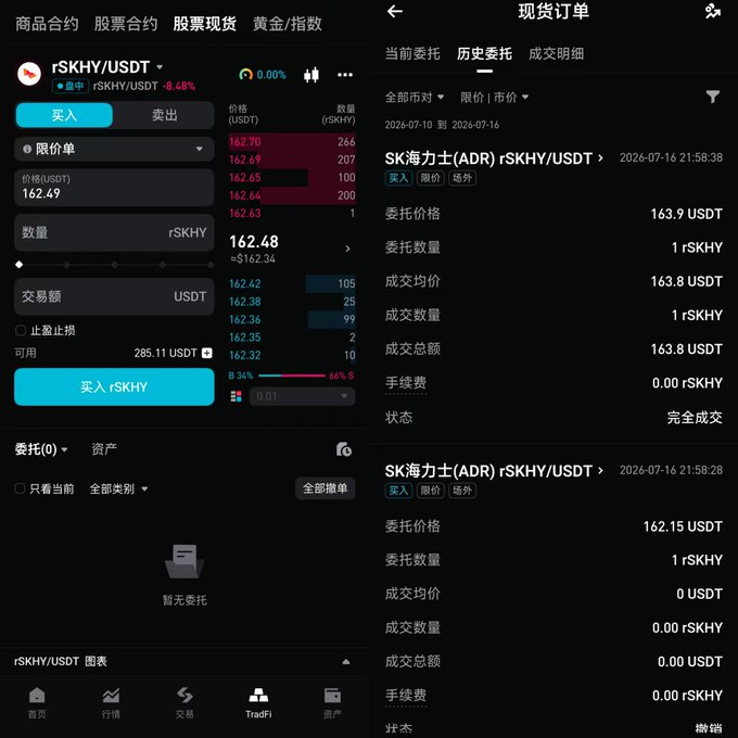 A trading app interface shows the purchase of 1 rSKHY token at 163.9 USDT (completed order), with the current price displayed at 162.48 USDT, reflecting the user's participation in the Bitget rToken liquidity challenge.