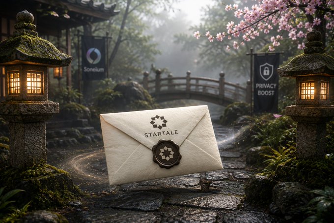 A fantasy-style image of a sealed envelope labeled 'STARTALE' in a misty Japanese garden setting with stone lanterns, cherry blossoms, and banners for 'Sonelium' and 'PRIVACY BOOST'.