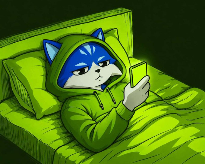 A digital illustration of an anthropomorphic husky dog with blue and white fur, wearing a green hoodie and lying in a green bed while looking at a smartphone.