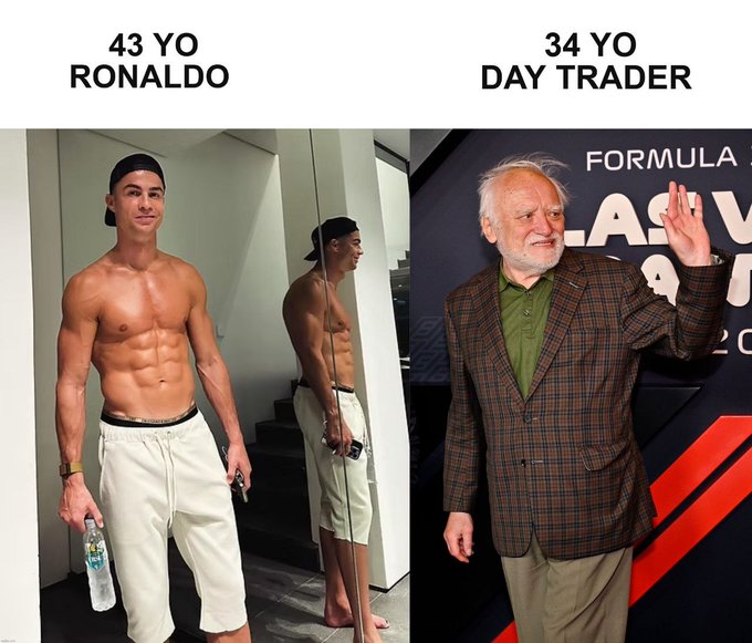 The image is a meme contrasting the youthful, muscular physique of 43-year-old Cristiano Ronaldo on the left with the visibly aged appearance of a 34-year-old "Day Trader" on the right, humorously illustrating the caption "Age is just a number" by suggesting that lifestyle choices impact aging more than chronological age.

Text visible includes: "43 YO RONALDO," "34 YO DAY TRADER," and partial "FORMULA" branding in the background.