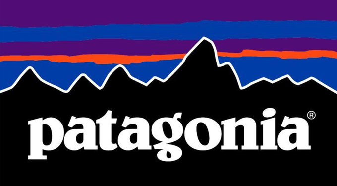 The Patagonia logo features a stylized mountain skyline beneath a purple and orange sunset, but the jagged peaks closely resemble a candlestick or K-line chart, humorously suggesting a hidden asset price trend that "traders" supposedly see in the brand's iconic design.