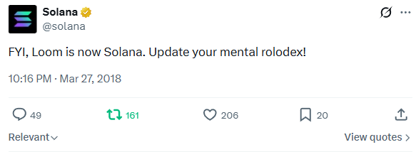 A tweet from the official verified Solana account (@solana) reading 'FYI, Loom is now Solana. Update your mental rolodex!' dated March 27, 2018.