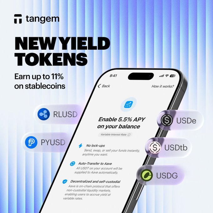 Tangem announces new yield tokens offering up to 11% APY on stablecoins, showcasing five newly added assets (RLUSD, PYUSD, USDe, USDtb, USDG) around a phone displaying 5.5% APY on USDe via Aave.