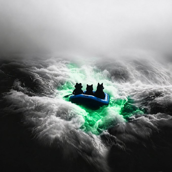 A surreal scene of three silhouetted cats in a blue inflatable raft, surrounded by turbulent water glowing green under a foggy sky.