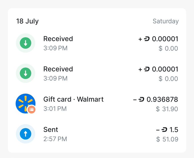 A Dash cryptocurrency wallet transaction history from Saturday, 18 July, showing a $51.09 sent transaction at 2:57 PM followed by a $31.90 Walmart gift card purchase at 3:01 PM, demonstrating the user's claim of using Dash at Walmart via the app's scan-to-pay feature.