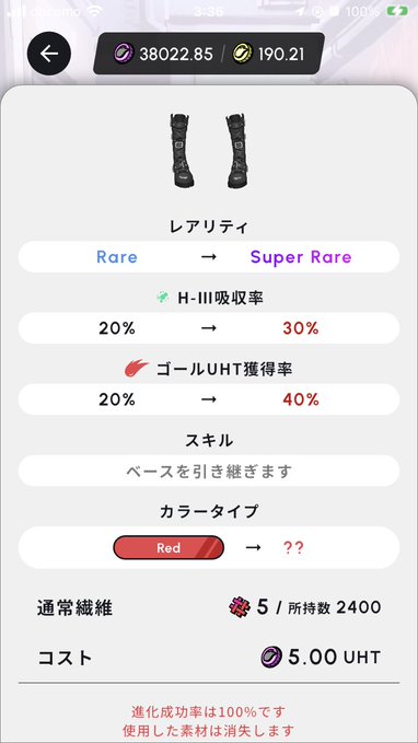 A mobile game screen shows an upgrade interface for 'H-III 吸収率' from Rare to Super Rare, increasing from 20% to 30%, with a currency balance of 38022.85 and 190.21.
