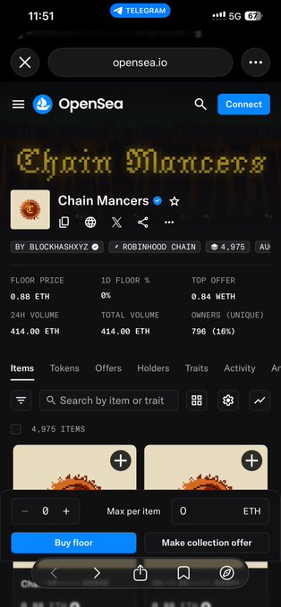 The image shows an OpenSea marketplace page on a mobile browser for the "Chain Mancers" NFT collection, displaying stats like a 0.88 ETH floor price, 24h volume of 414.00 ETH, and 4,975 items—directly supporting the post's commentary about minting Chain Mancers NFTs or sitting out the trend.