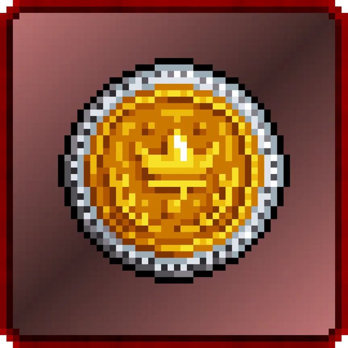 A pixel art image of a golden Bitcoin coin with a silver/gray rim against a dark red gradient background with a red border frame.