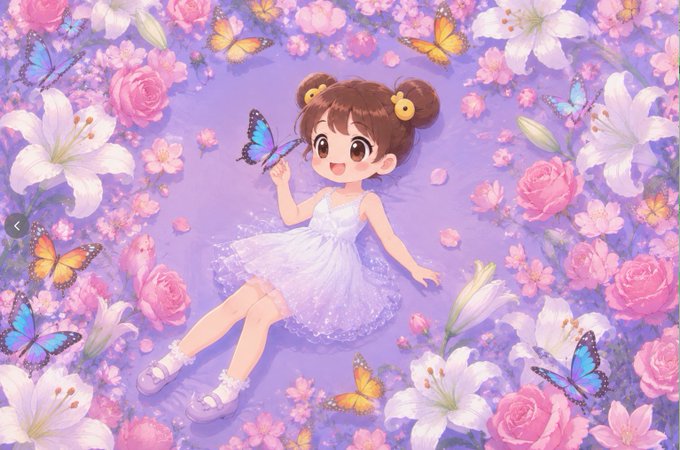 The image features a cartoon girl with brown hair, dressed in white, lying down among flowers and butterflies. The girl appears to be smiling as she enjoys her time surrounded by nature's beauty. The background of the image is filled with various types of flowers and butterflies, creating a vibrant and colorful scene that complements the girl's cheerful demeanor.