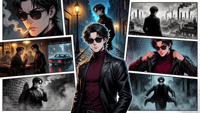 A collage of anime-style illustrations depicting a man with dark hair and sunglasses in various noir-inspired scenes, including rainy streets and urban settings.