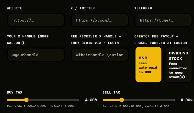 A dark-themed configuration panel for a token creation platform, featuring input fields for Website, X/Twitter, Telegram, X handle, and fee receiver, with options for 'BNB' or 'DIVIDEND STOCK' creator fee payouts, and buy/sell tax sliders set to 4.00%.