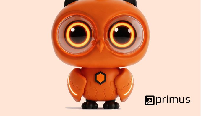 A 3D-rendered orange cartoon owl character with large glowing yellow eyes and a hexagonal emblem on its chest stands against a peach background, accompanied by the 'primus' logo in the lower right.