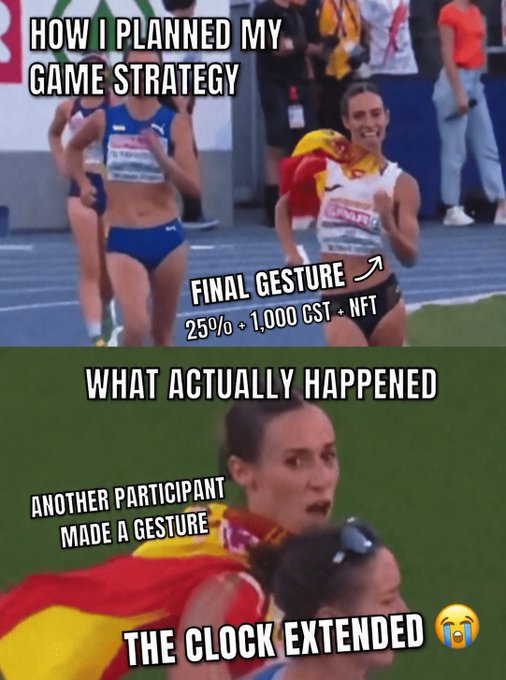 A meme comparing planned strategy to actual events, showing athletes with text about 'FINAL GESTURE' percentages and 'THE CLOCK EXTENDED' with a crying emoji.