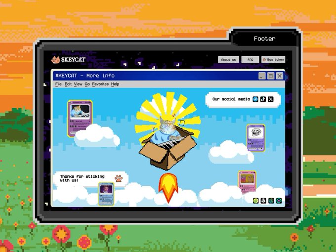 A retro pixel-art style webpage for $KEYCAT displayed in an old-school Windows interface, featuring a cat popping out of a cardboard box with a sunburst background, cloud elements, and trading cards floating around the screen.