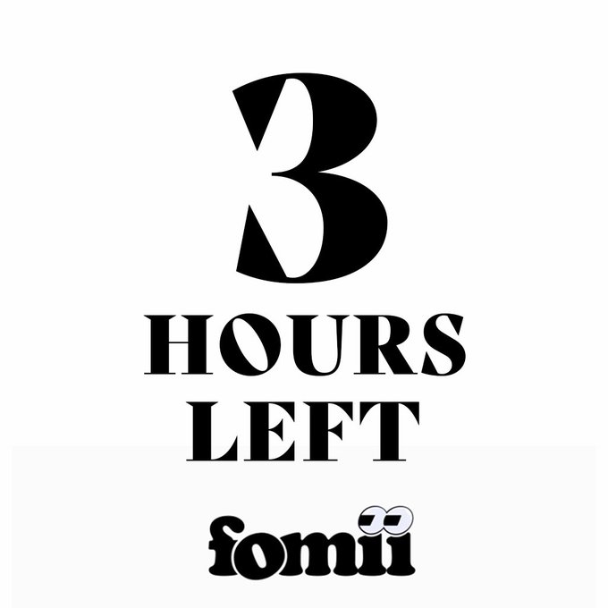 A minimalist countdown graphic with large black text reading '3 HOURS LEFT' on a white background, featuring a stylized 'fomii' logo at the bottom.