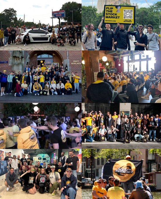 A collage of photos showing community meetup events with people wearing yellow t-shirts, featuring a 'Flip the Stock Market' QR code sign and what appears to be an SBKK brand flag.