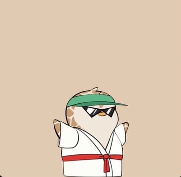 The image features a cartoon character dressed in a white outfit, possibly a kimono or robe, with a green bandana around their neck. The character appears to be wearing sunglasses and has their arms outstretched as if they are waving at someone. The background of the image is a light brown color, which contrasts nicely with the colorful attire of the cartoon character.