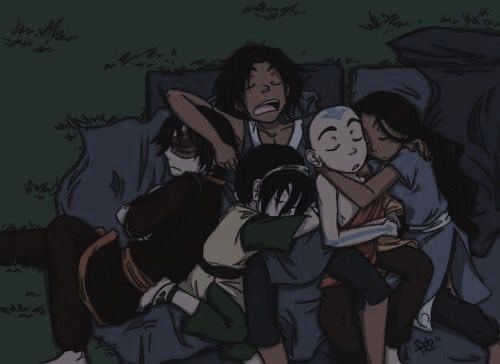An animated scene showing four characters cuddled together in distress on rocky ground, including Aang, Katara, Toph, and Sokka from Avatar: The Last Airbender.