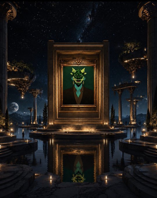 A glowing green wolf portrait in an ornate gold frame stands as the centerpiece of a surreal nightscape, surrounded by floating islands, ancient columns, and a starry Milky Way sky reflected in still waters below—evoking the fantastical, multi-medium artistry celebrated in the post about NFT creators pushing boundaries across digital, physical, and animated realms.