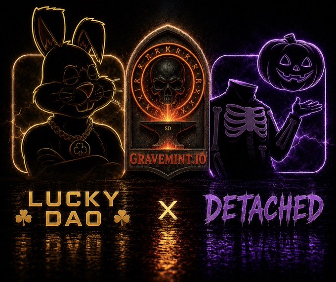 A Halloween-themed promotional graphic features a glowing lucky cat, a skull emblem reading 'GRAVEMINT.IO', and a skeleton with a jack-o'-lantern head, advertising 'LUCKY DAO x DETACHED'.