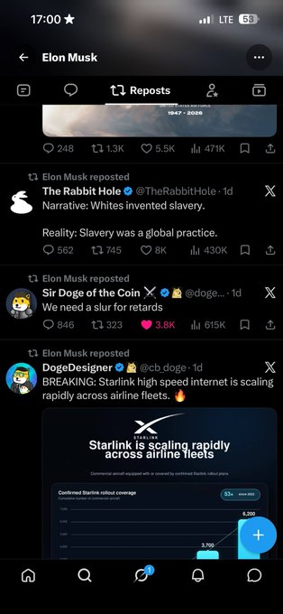 A mobile screenshot of Elon Musk's X (Twitter) profile showing his reposts, including 'Narrative: Whites invented slavery' from The Rabbit Hole and 'Starlink is scaling rapidly across airline fleets' from DogeDesigner.