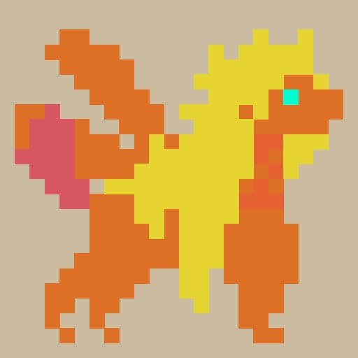 A pixel art illustration of a yellow and orange creature with a cyan eye, possibly a phoenix or dragon, set against a beige background.