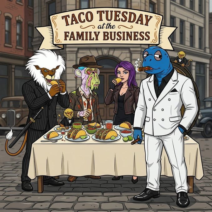 An illustrated scene titled 'TACO TUESDAY at the FAMILY BUSINESS' showing various anthropomorphic and stylized characters, including a lion in a pinstripe suit and a blue reptilian figure, gathered around a table laden with tacos.