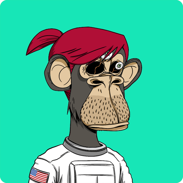 A cartoon monkey character with a red bandana, stubble, and an American flag patch on its white shirt, set against a teal background.