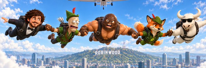 The image is a humorous banner featuring five characters—a man in a tuxedo, a Robin Hood-style archer, a furry creature, a fox archer, and a sheep wearing sunglasses—skydiving together with a small plane overhead, while flying over a city with a hill displaying the text "ROBIN WOOD." It cleverly plays on the Robinhood token name $ROBINWOOD by parodying the classic tale with a quirky team of heroes, fitting the playful branding of the community-submitted banner on Moby.
