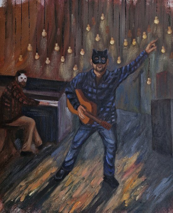 Oil painting depicting two masked figures—one in red playing piano, another in blue plaid playing guitar with arm raised—set against a backdrop of hanging lights.