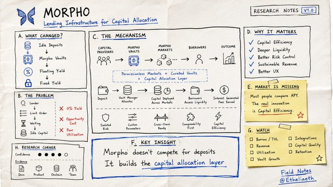 The image is a hand-drawn research note by @Ethelath titled "MORPHO: Lending Infrastructure for Capital Allocation" (v1.0), which breaks down Morpho's mechanism—showing how depositors fund vaults that flow through Morpho Markets to borrowers with permissionless capital allocation. Key sections include "What Changed?" (idle deposits, Morpho vaults, floating/fixed yields), the problem it solves (0% yield, opportunity cost, poor utilization), and the central insight: "Morpho doesn't compete for deposits—it builds the capital allocation layer," complementing the post by reframing Morpho's $6.6B TVL and $208M annualized fees as indicators of deeper capital efficiency rather than just lending volume.