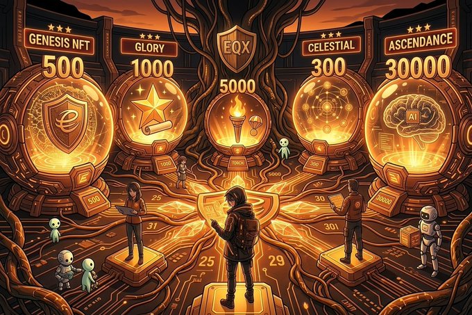 A detailed digital illustration of a glowing, golden tech-themed environment displaying NFT tiers—'GENESIS NFT 500', 'GLORY 1000', 'EQX 5000', 'CELESTIAL 300', and 'ASCENDANCE 30000'—with small figures and robots interacting with the displays.
