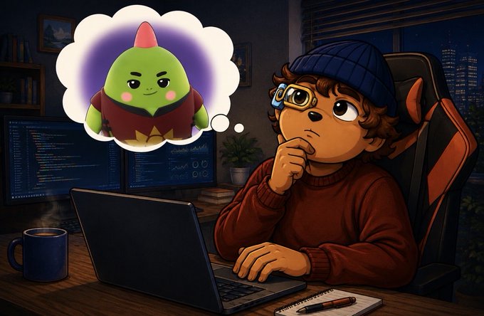 The image features a cartoon boy sitting at a desk with a laptop, wearing glasses and thinking about something. The background shows an office setting with a computer monitor and keyboard visible. There are also two cups placed nearby - one blue and one black.