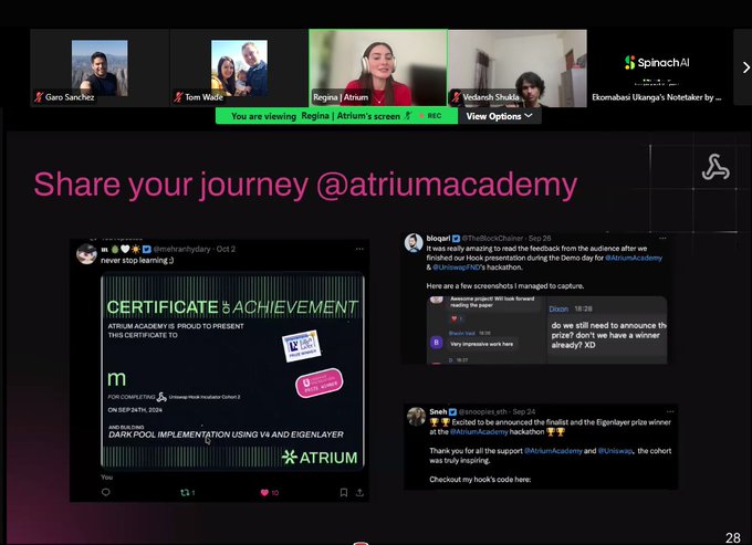 A Zoom presentation screen showing 'Share your journey @atriumacademy' with participant thumbnails and social media testimonials about a hackathon, including mentions of @atriumacademy and the winner's name being announced.