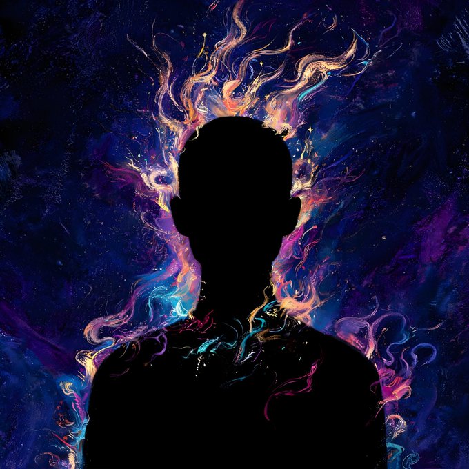 A digital artwork showing a black silhouette of a person's head and shoulders surrounded by swirling, colorful flames and cosmic patterns against a deep blue background.