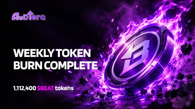 A graphic announcing 'Audiera WEEKLY TOKEN BURN COMPLETE' with the amount '1,112,400 $BEAT tokens', featuring a purple coin with an 'A' logo engulfed in flames.