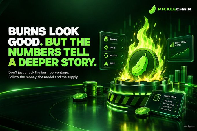 The image is a promotional graphic for "PICKLECHAIN" featuring a glowing green pickle coin engulfed in flames on a pedestal, with text reading "BURNS LOOK GOOD. BUT THE NUMBERS TELL A DEEPER STORY. Don't just check the burn percentage. Follow the money, the model and the supply." Floating panels display metrics like Revenue, Costs, Buyback, Burn, Circulating Supply, and Tokenomics details, visually reinforcing the caption's message to look beyond surface-level burn figures.