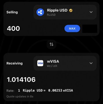 A cryptocurrency exchange screenshot shows a sale of 400 Ripple USD (RLUSD) with a receiving amount of 1.014106 wVISA (We.l.dX), at an exchange rate of 1 RLUSD = 0.00253 wVISA. The image illustrates the user's claim of executing XRP-related trades directly from their wallet to mirror President Trump's trading activity.