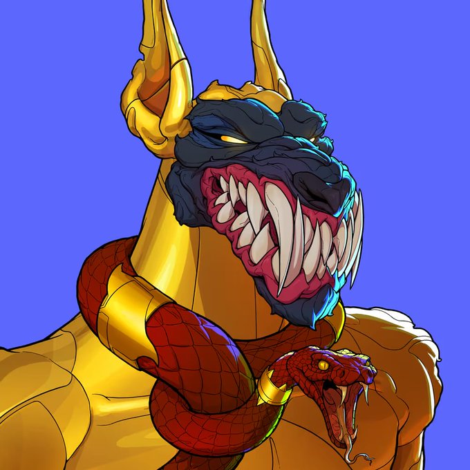 A digital illustration of a fierce warrior in golden armor with a horned, fanged beast-like mask and a red serpent coiled around the shoulders, set against a blue background.