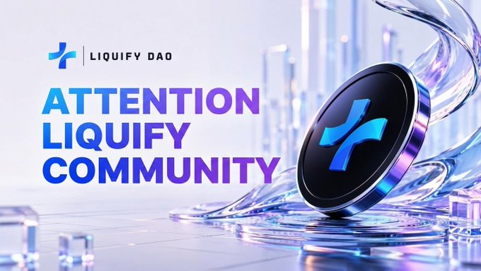 The image displays a promotional graphic for "LIQUIFY DAO" featuring the text "ATTENTION LIQUIFY COMMUNITY" alongside a sleek blue X logo set against a crystal-like background, serving as an announcement header directing community members to submit proof links via the Liquify DAO Telegram channel.
