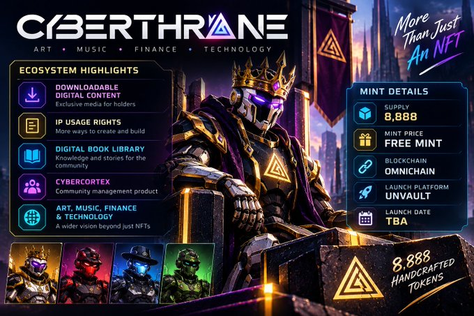 A promotional graphic for 'CYBERTHRANE' details an NFT project ecosystem spanning art, music, finance, and technology, highlighting features like a digital book library and a free mint price.